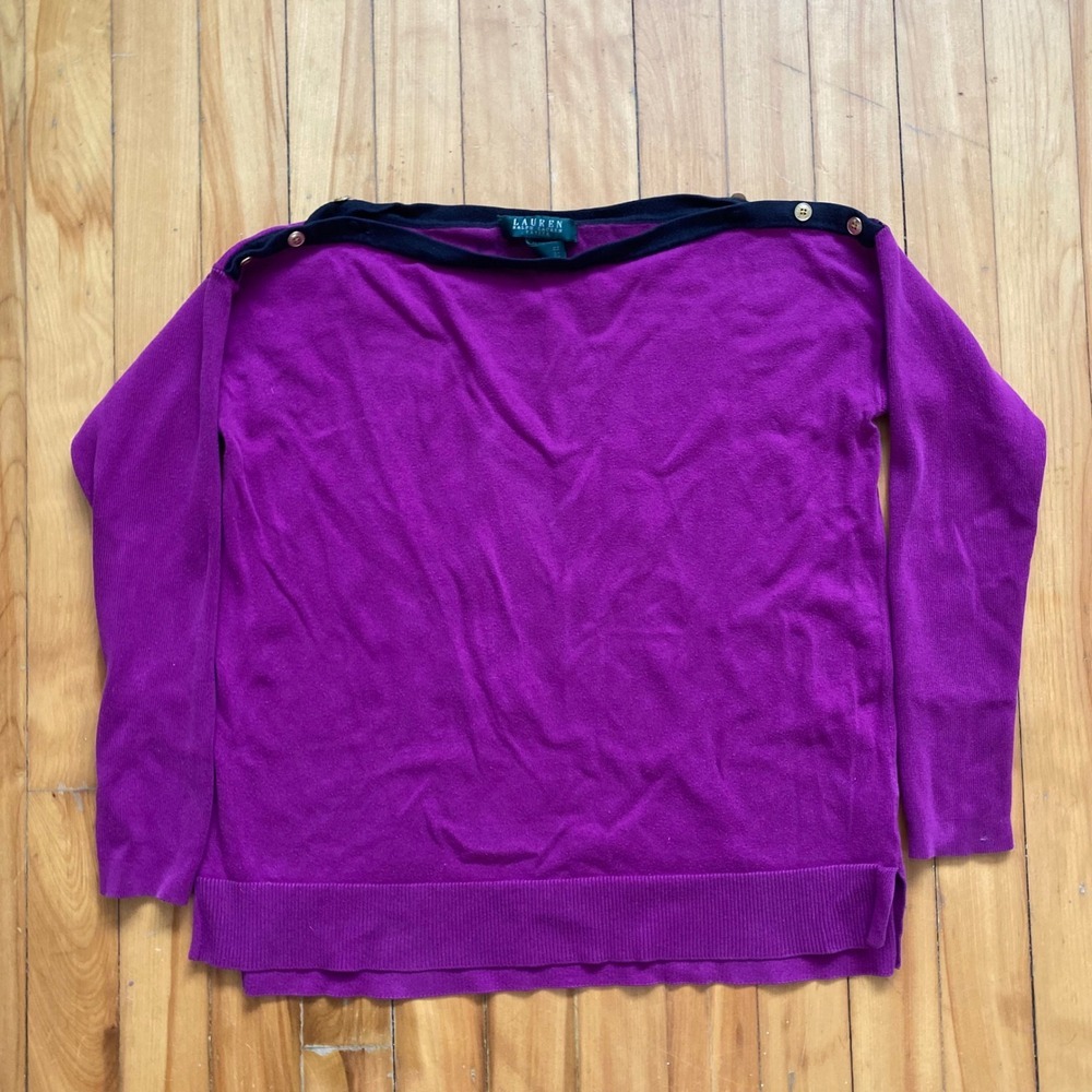 Lauren Ralph Lauren Petite Purple Boatneck Button Shoulder Sweater PM Cotton